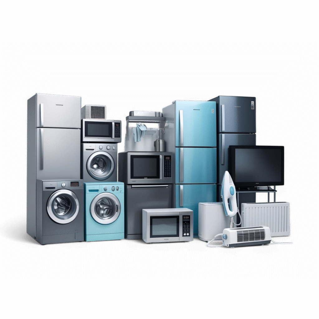 Modern home appliances including refrigerators, washing machines, microwaves, and electronics – Hitachi, LG, and Sharp service and repair in Karachi.

