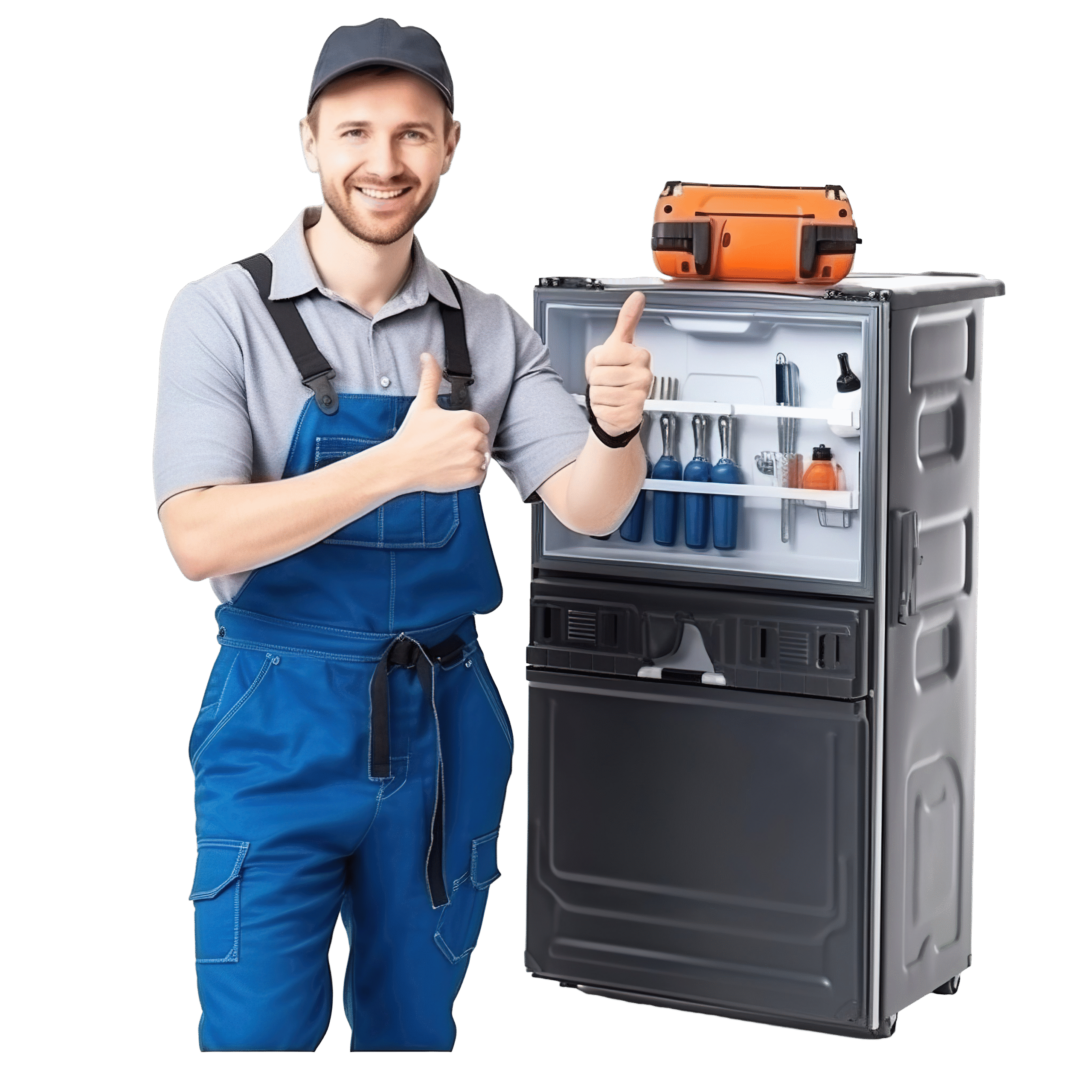 Refrigerator repair technician in Karachi giving thumbs up after servicing fridge – Hitachi, LG, and Sharp appliance repair.

